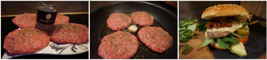 Cheeseburger mit Ziegenkäse-Avacado-Feldsalat